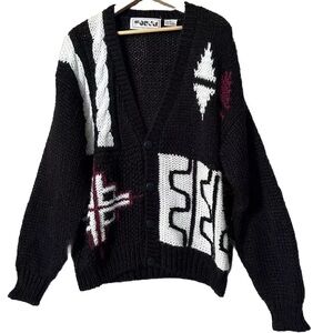 Vtg Forum Sweater Black Funky Geo Button Down 80s Cosby Grandpa Cardigan Medium